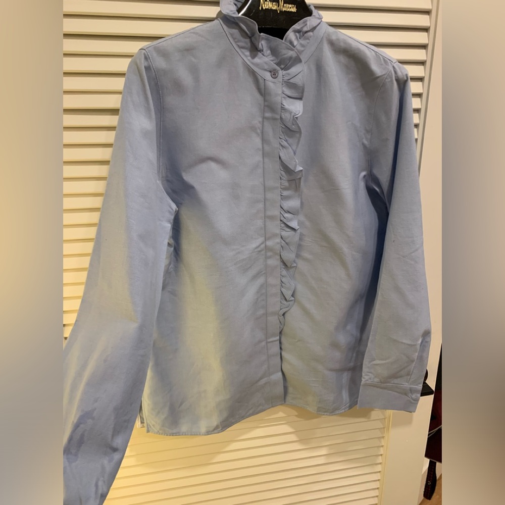 2 for $15 🍀 Lafayette women’s blouse LS with ruffle front blue EUC 🍀